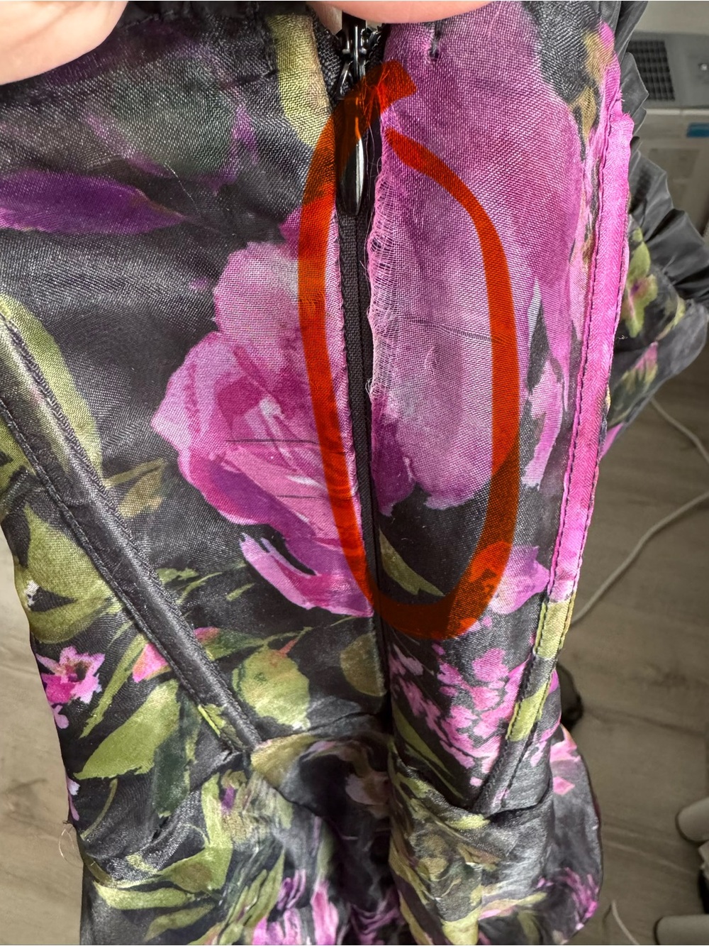 Lulu's Black Strapless Floral Chiffon Gown w/ Purple Roses needs 2 easy repairs - Picture 9 of 13